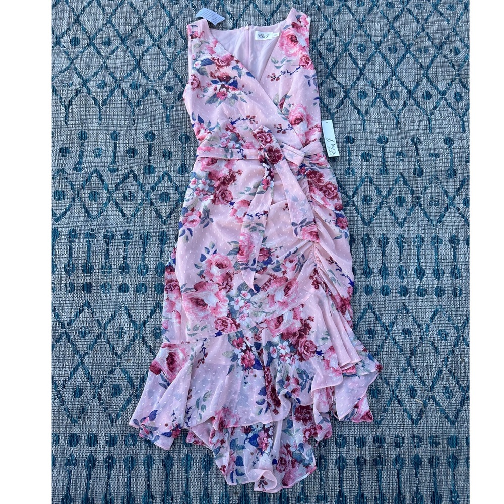 Eliza J Dresses Eliza J Floral Ruched Chiffon Faux Wrap Dress wedding guest - Picture 3 of 8
